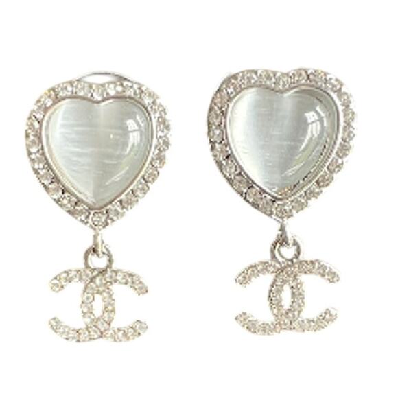 Chanel Sterling Opal Heart & Crystal CC Dangle Earrings Autumn 2023 (CCXX010) - Picture 1 of 6